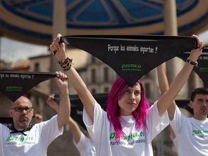 Un grupo de activistas protesta contra los encierros de San Ferm&iacute;n, en Pamplona.