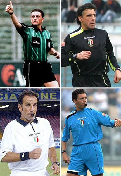 De arriba abajo y de izquierda a derecha, los árbitros italianos Massimo de Santis, Domenico Messina, Marco Gabriele y Gianluca Rocchi.
