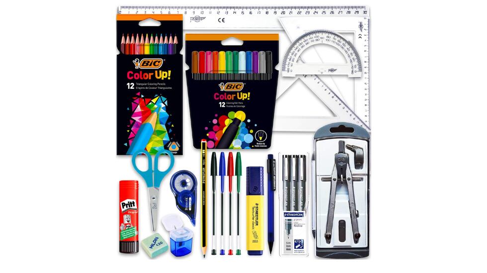 Pack ahorro de material escolar con bolígrafos, pegamento, tijeras, sacapuntas, reglas, compás, ¡y más!