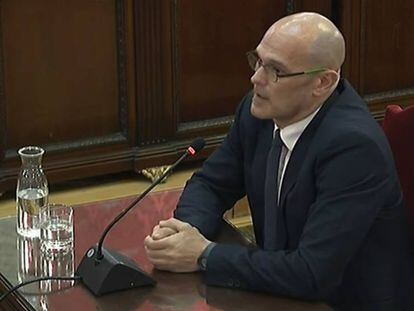 Raúl Romeva declara, declara, este martes, en el juicio por el 'procés' en el Tribunal Supremo.