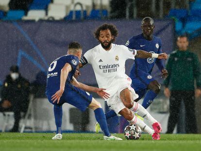 Marcelo, en la ida de las semifinales de la Champions contra el Chelsea, en Madrid.