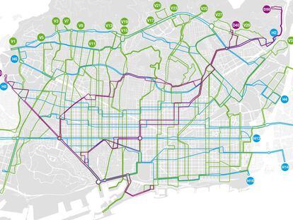 El diseño final de la red ortogonal de autobuses de Barcelona cuando esté implantada a finales de 2018.