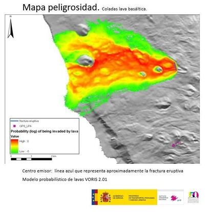 Mapa que muestra la dirección probable que seguirán los flujos de lava en La Palma.