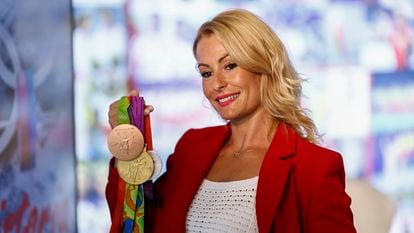 Lydia Valentín, durante la conferencia de prensa ofrecida este jueves en la sede del Comité Olímpico Español para anunciar que pone fin a su carrera deportiva.