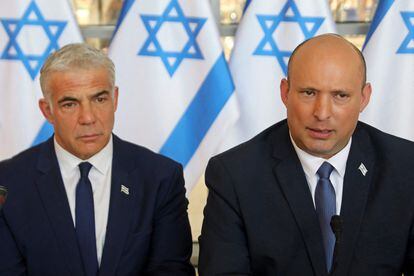 Foreign Minister Yair Lapid (left) and Israeli Prime Minister Naftali Bennett on May 29 in Jerusalem.
