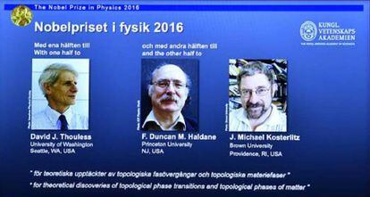 Los premiados con el Nobel de Física 2016.