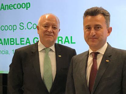El presidente de Anecoop, Alejandro Monzón, (dcha) y el director general, Joan Mir, este miércoles en Valencia.