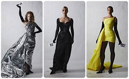 De izquierda a derecha, Nicole Kidman, Kim Kardashian y Dua Lipa con tres de las propuestas de la colección 51º de alta costura de Balenciaga.