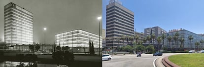 A la izquierda, una fotografía de Català-Roca de la época (la fase 1 del proyecto se construyó entre 1958 y 1959). A la derecha, la reforma que se hizo del conjunto en 1998.