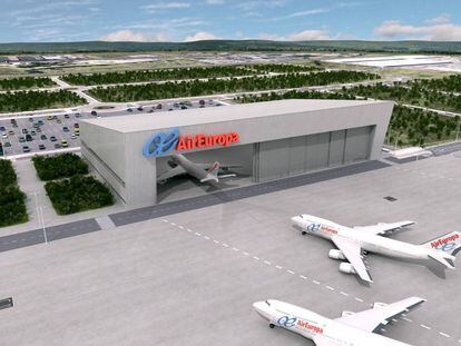 Maqueta del futuro hangar de Air Europa, junto a la T1 de Madrid-Barajas.