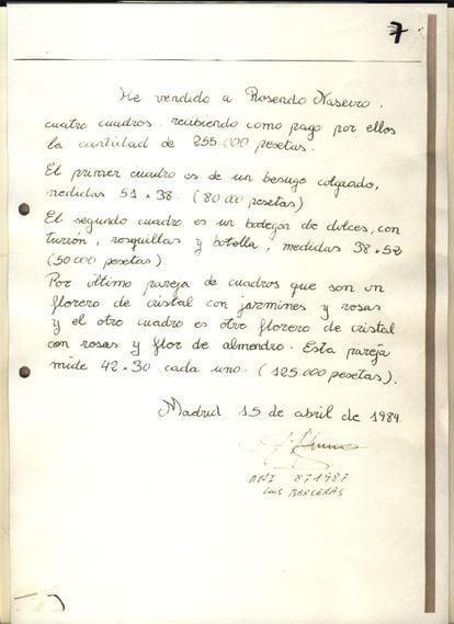 Manuscrito presentado por Bárcenas para justificar la venta de las cuatro obras a Rosendo Naseiro en abril de 1984.