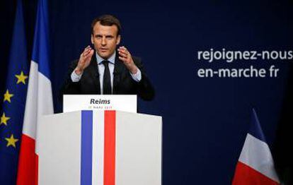 El candidato centrista, Emmanuel Macron, este sábado, en Reims.