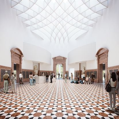 Recreación virtual de la sala oval del Museo Arqueológico de Sevilla, diseño de Vázquez Consuegra.