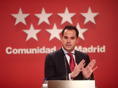 El vicepresidente de la Comunidad de Madrid, Ignacio Aguado, interviene en la rueda de prensa posterior al Consejo de Gobierno.