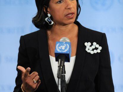 La embajadora estadounidese en la ONU, Susan Rice, durante la comparecencia de hoy.