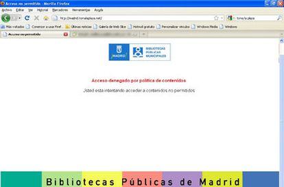 Pantalla que encontraba el usuario que trataba de acceder a páginas web del 15-M desde ordenadores de las bibliotecas municipales de Madrid.