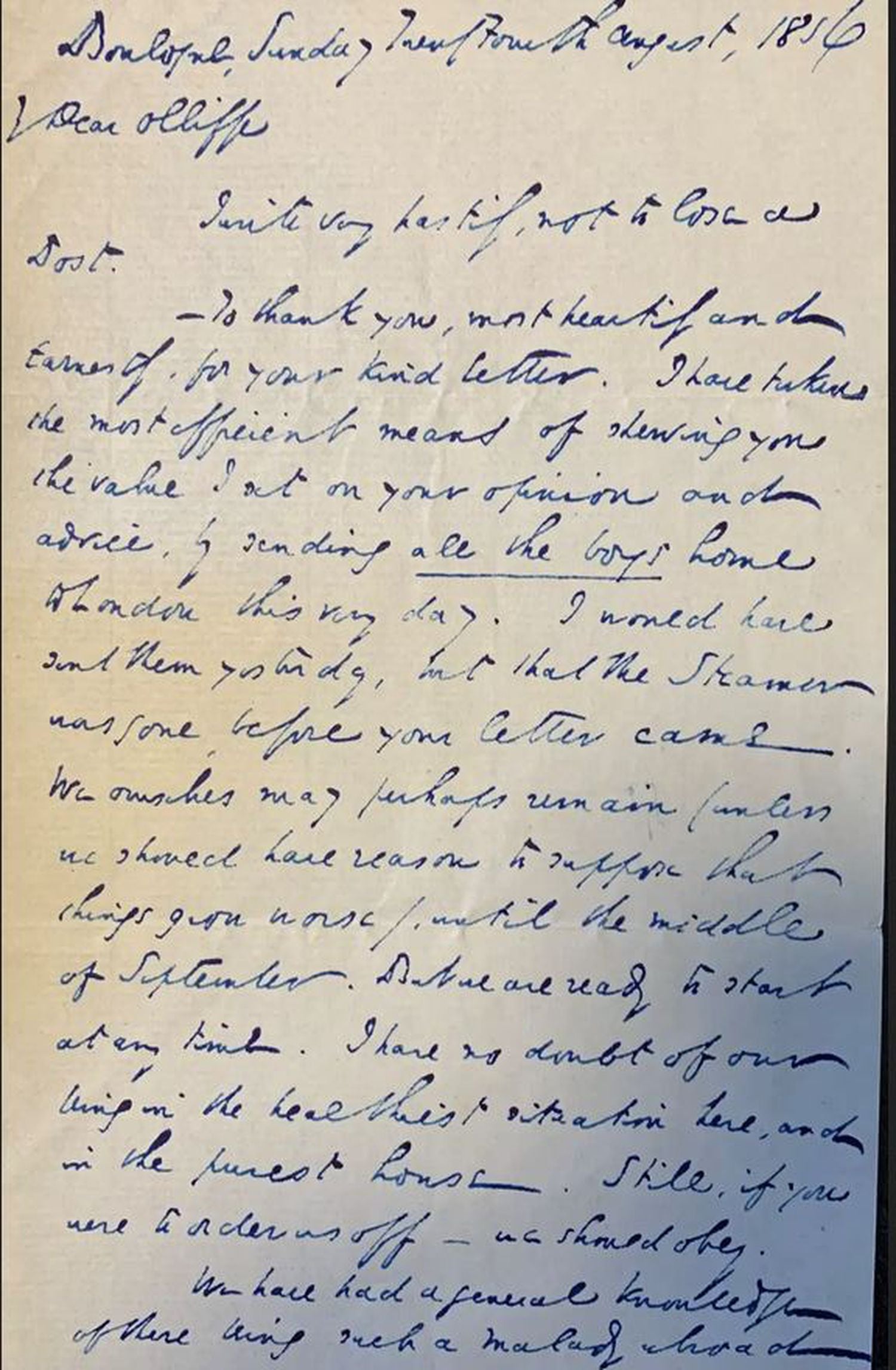 La carta que Dickens escribió a James Olliffe, fechada el 24 de agosto de 1856.