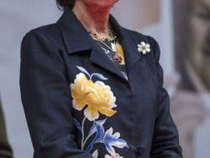 La Reina do&ntilde;a Sof&iacute;a tras su intervenci&oacute;n en el acto central del D&iacute;a Mundial de la Cruz Roja y de la Media Luna Roja en 2013. 