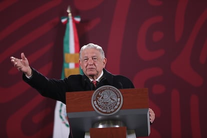 Andrés Manuel López Obrador, durante su rueda de prensa matutina en Palacio Nacional.