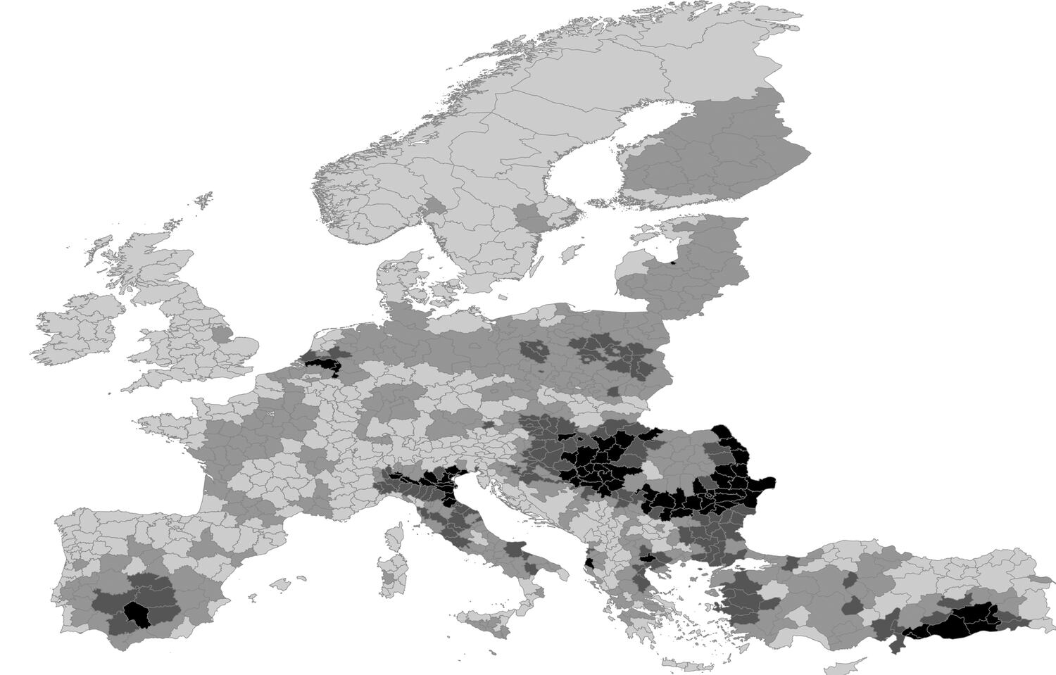 Zonas de Europa más susceptibles para la expansión del virus del Nilo. Los tonos más oscuros muestran las áreas con más riesgo.