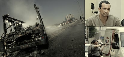 A la izquierda, un autobús quemado durante la ola de ataques organizada en São Paulo por el PCC en mayo de 2006. Murieron 560 personas en dos semanas. A la derecha, arriba, Marcos Williams Herbas Camacho, ‘Marcola’, el dirigente que simboliza la organización, en un juicio y, debajo, un policía encañona a un hombre durante los ataques de 2006. / MAURICIO LIMA (AFP) / ROBSON FERNANDJES (AFP)