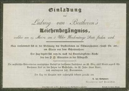 Invitación para el entierro del compositor en Viena el 29 de marzo de 1827.