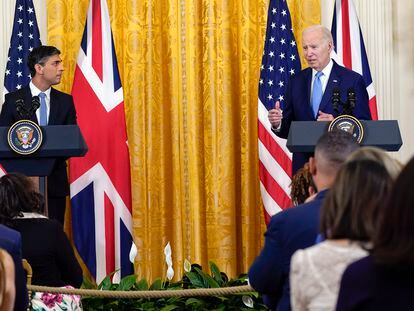 El presidente de EE UU, Joe Biden, y el primer ministro británico, Rishi Sunak, en una rueda de prensa en la Casa Blanca
