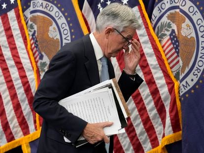Jerome Powell, presidente de la Reserva Federal, tras la rueda de prensa posterior a la reunión del 22 de marzo.