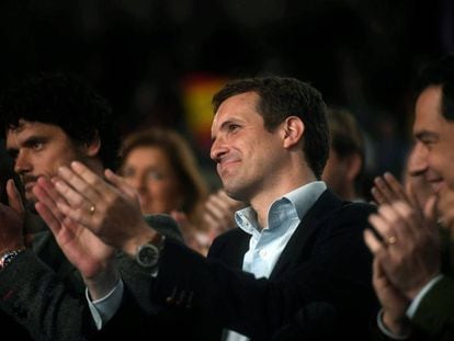 El presidente del PP, Pablo Casado, durante un acto con los candidatos del partido al Congreso y Senado por Córdoba celebrado hoy en la ciudad andaluza.