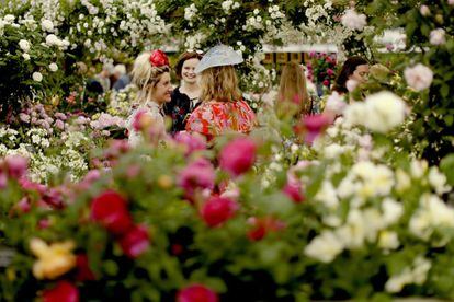 Visitantes junto a un stand de rosas en el Chelsea Flower Show de Londres.
