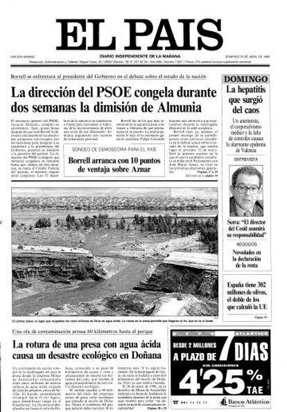 Portada del diario EL PAÍS de hace 20 años.