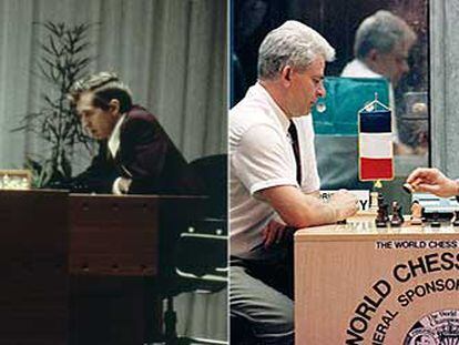 A la izquierda, Borís Spassky y Bobby Fischer durante su duelo en Islandia en 1972 por el título mundial. A la derecha, ambos en el de Yugoslavia, la revancha, en 1992. 
/ ap