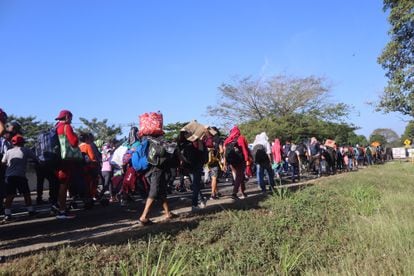 Migrantes caminan por Tapachula.