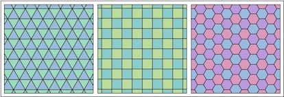 Teselados del plano con triángulos equiláteros, cuadrados y hexágonos regulares.