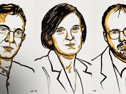 De izquierda a derecha, retratos de Abhijit Banerjee, Esther Duflo y Michael Kremer, premios Nobel de Economía 2019. En vídeo, el anuncio del galardón.