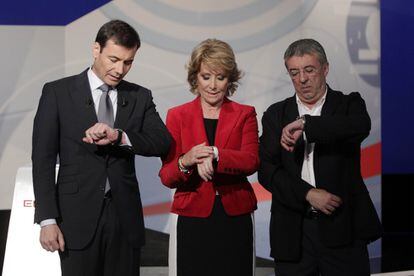 Mayo de 2011. Debate electoral en Telemadrid entre los candidatos a la CAM, Esperanza Aguirre, Tomás Gómez y Gregorio Gordo.
