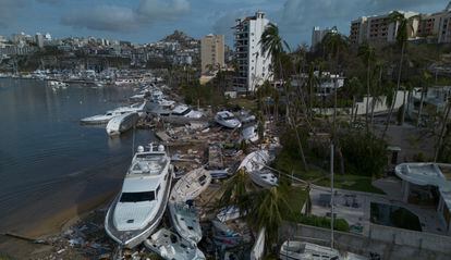 Aerial view showing damage to the yacht club, three days after Hurricane 'Otis'. 