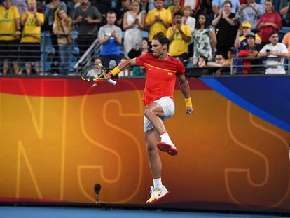 Nadal celebra el triunfo contra Minaur en Sídney.