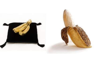 On the Left: 'Chiquita', 2013 by María José Argenzio.  Right: 'El Banano emplumado', 1973 by Victoria Cabezas (Courtesy of the San José Museum of Art and Design).