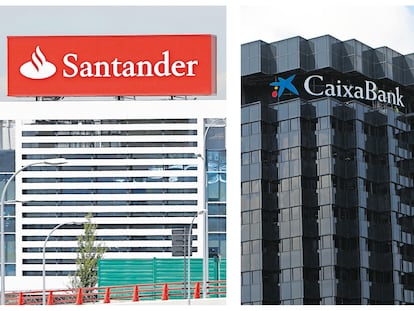 Ciudad Financiera de Santander (a la izquierda) en Boadilla del Monte (Madrid), y la sede en Barcelona de Caixabank.