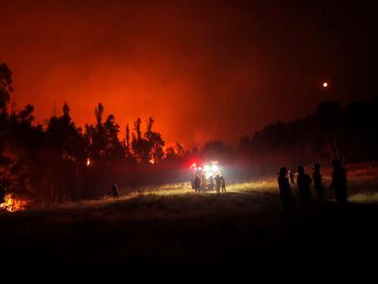 Bomberos trabajan durante un incendio en Purén, región de la Araucanía (Chile).