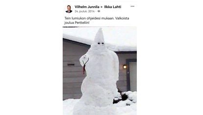 El muñeco de nieve en el jardín de Vilhelm Junnila, en una imagen compartida por él en las redes sociales.