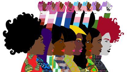 Imagen de un cartel reivindicativo de los derechos de las mujeres lesbianas, queers y bisexuales de Costa de Marfil diseñado por WAF, EmmaLInfoS  y TransD, tres organizaciones en defensa de este colectivo.