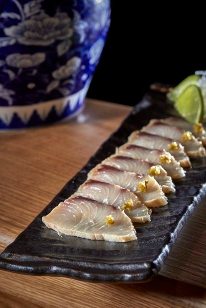 Hamachi or lemon fish marinated in white soybeans for 24 hours.