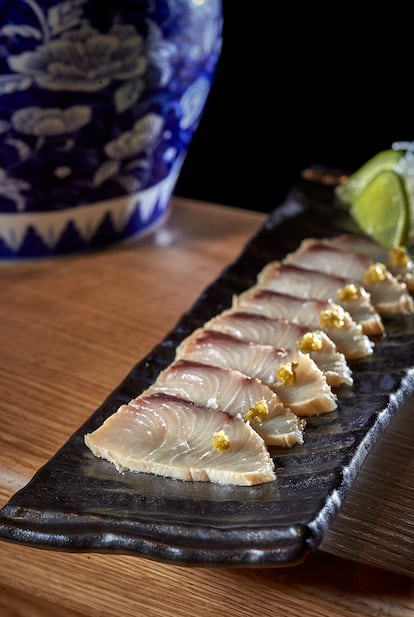 Hamachi or lemon fish marinated in white soybeans for 24 hours.