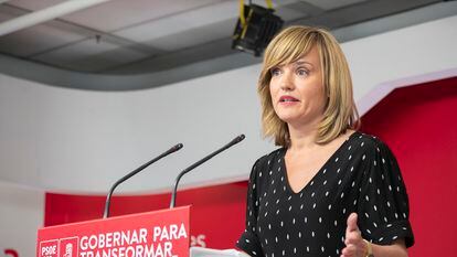 La ministra de Educación y Formación Profesional, Pilar Alegría, este martes en la sede nacional del PSOE.