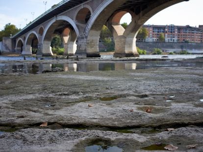 El río Garona sin casi agua en la ciudad francesa de Toulouse este verano.