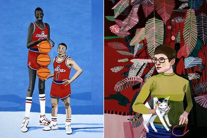 El baloncesto es su gran pasión y protagoniza obras como ‘Bullets’, 2007, con Manute Bol y Tyrone Curtis Muggsy Bogues. Al lado, retrato ‘Robin Phoebe’.