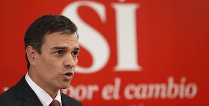 Pedro S&aacute;nchez, este lunes en un acto de precampa&ntilde;a.