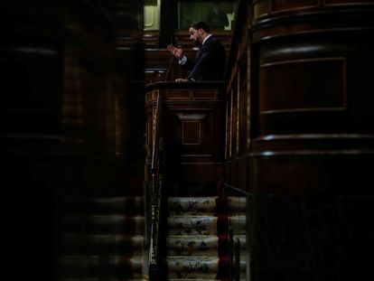 El líder de Vox, Santiago Abascal, este miércoles en el Congreso durante el debate de la moción de censura.